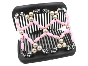 African Butterfly Hair Comb - Ndalena Black 137 - pink gold swirl oval, champagne pearl and black white-etched beads, shown open, white background