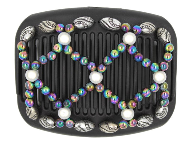African Butterfly Hair Comb - Ndalena Black 138 - rainbow, white glow beads, silver with black beads, shown closed, white background