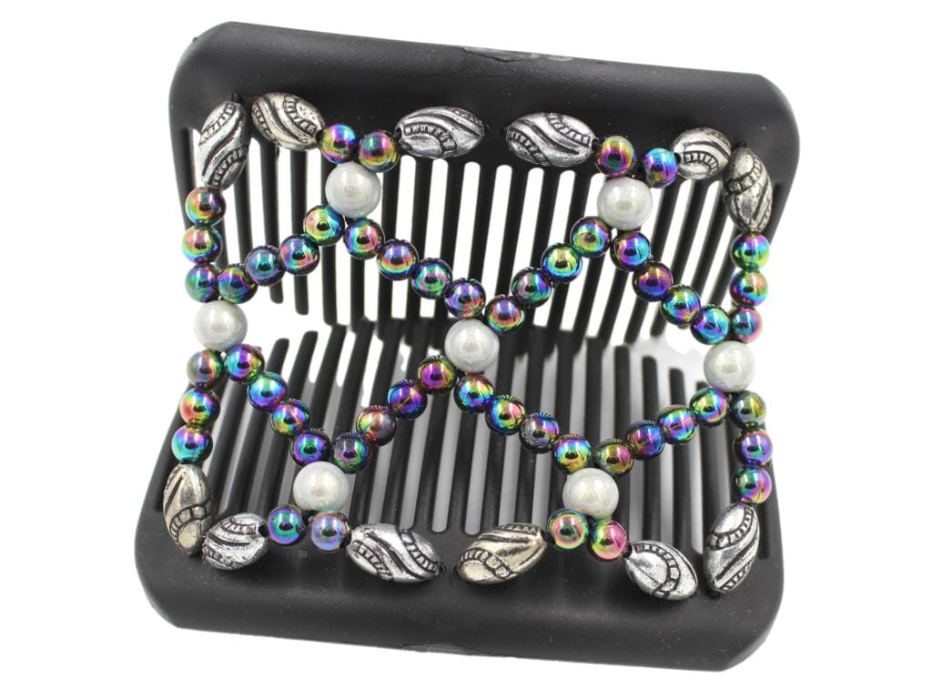 African Butterfly Hair Comb - Ndalena Black 138 - rainbow, white glow beads, silver with black beads, shown open, white background