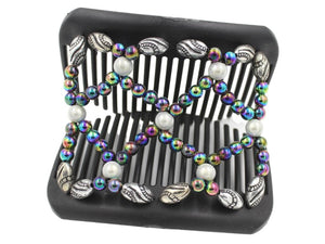 African Butterfly Hair Comb - Ndalena Black 138 - rainbow, white glow beads, silver with black beads, shown open, white background