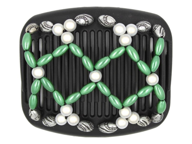 African Butterfly Hair Comb - Ndalena Black 139 - moss green pearly, white magic glow beads, and silver black-etched beads, white background