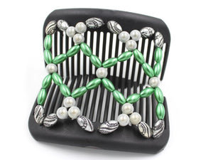 African Butterfly Hair Comb - Ndalena Black 139 - moss green pearly, white magic glow, and silver black-etched beads, shown open, white background