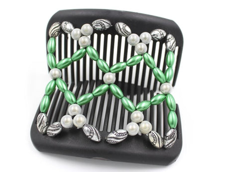African Butterfly Hair Comb - Ndalena Black 139 - moss green pearly, white magic glow, and silver black-etched beads, shown open, white background