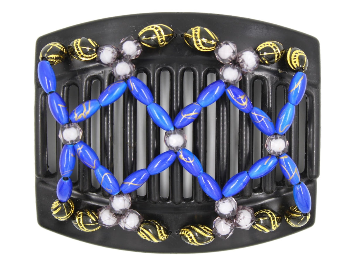 African Butterfly Hair Comb - Ndalena Black 140 - royal blue beads with gold swirls, gray translucent beads, black beads with etched gold details, white background