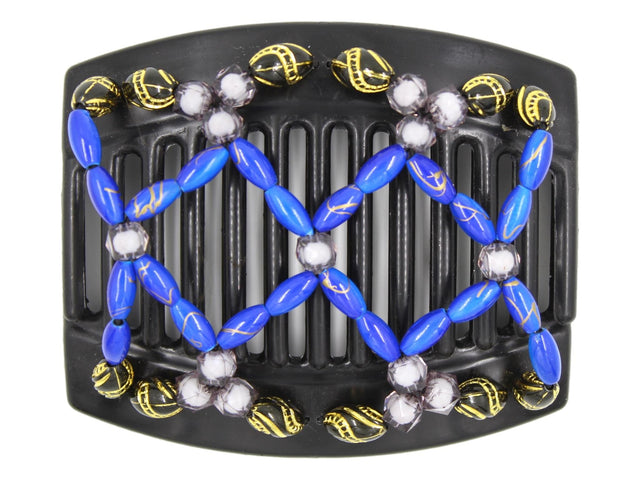 African Butterfly Hair Comb - Ndalena Black 140 - royal blue beads with gold swirls, gray translucent beads, black beads with etched gold details, white background