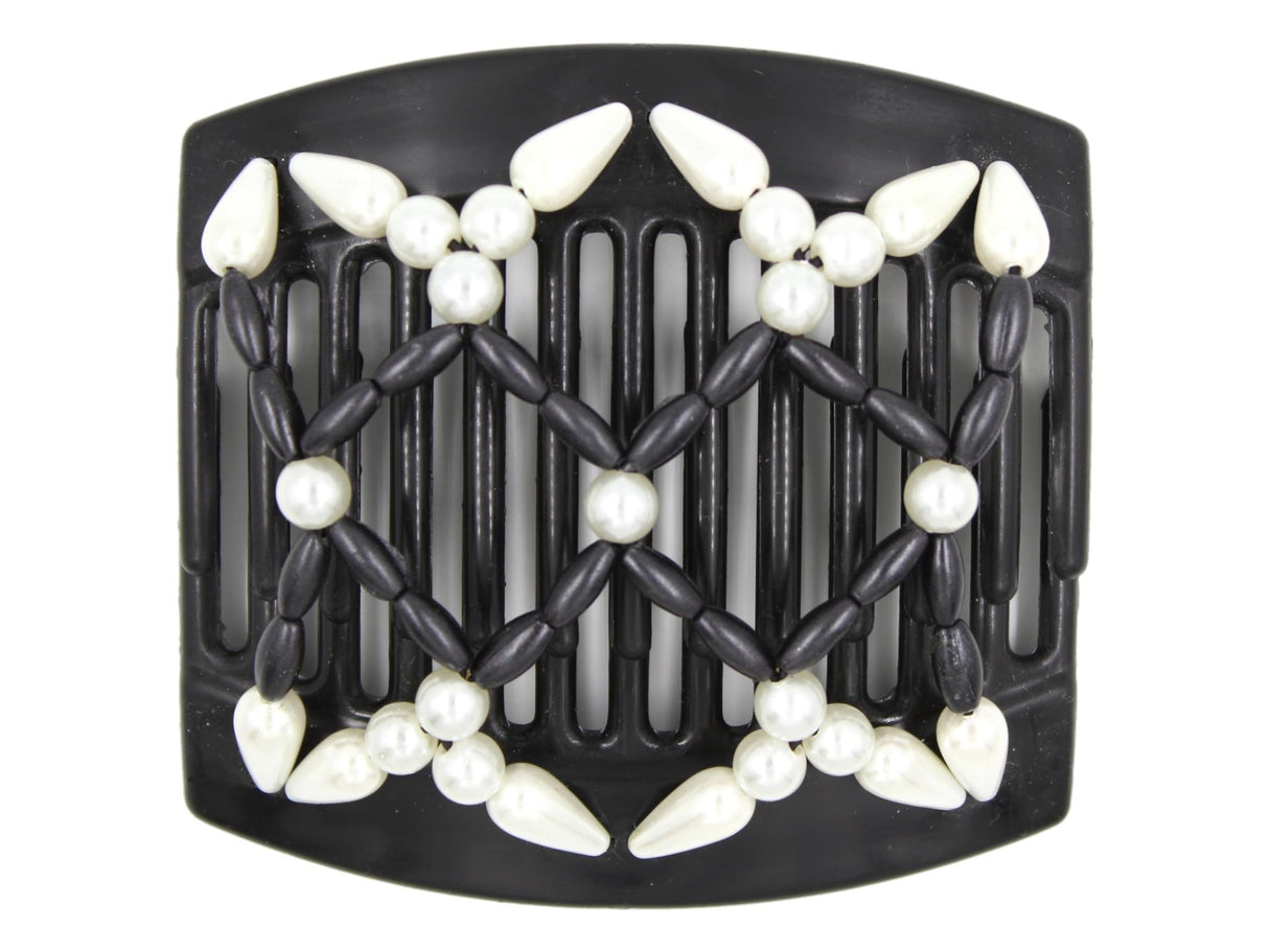 African Butterfly Hair Comb - Ndalena Black 141 - white pearl beads, black solid matte beads, teardrop white pearl edge beads, white background