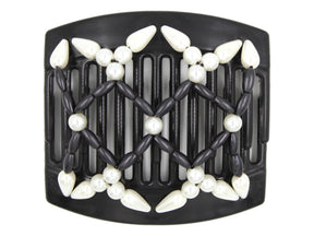 African Butterfly Hair Comb - Ndalena Black 141 - white pearl beads, black solid matte beads, teardrop white pearl edge beads, white background