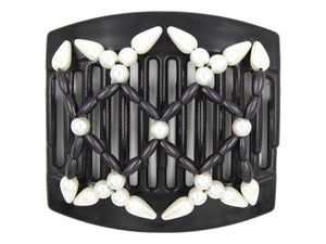African Butterfly Hair Comb - Ndalena Black 141 - white pearl beads, black solid matte beads, teardrop white pearl edge beads, white background