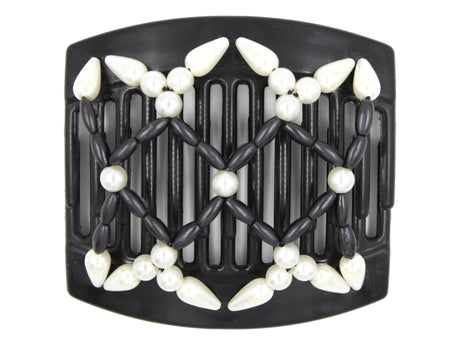 African Butterfly Hair Comb - Ndalena Black 141 - white pearl beads, black solid matte beads, teardrop white pearl edge beads, white background
