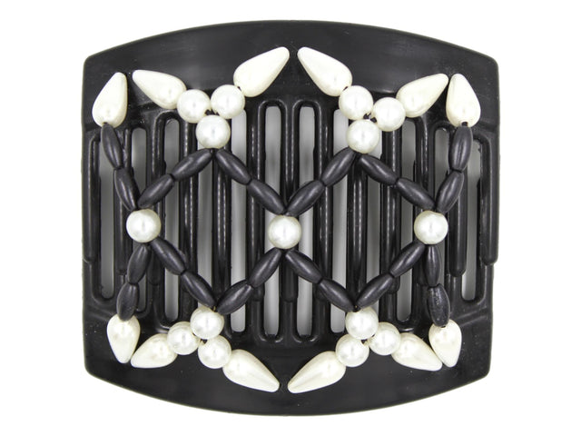 African Butterfly Hair Comb - Ndalena Black 141 - white pearl beads, black solid matte beads, teardrop white pearl edge beads, white background