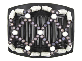 African Butterfly Hair Comb - Ndalena Black 144 - charcoal gray magic beads, white magic beads, silver shimmer edge beads, white background