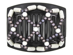 African Butterfly Hair Comb - Ndalena Black 144 - charcoal gray magic beads, white magic beads, silver shimmer edge beads, white background