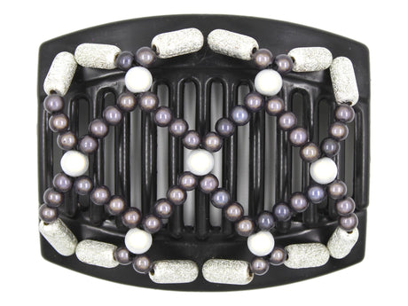 African Butterfly Hair Comb - Ndalena Black 144 - charcoal gray magic beads, white magic beads, silver shimmer edge beads, white background