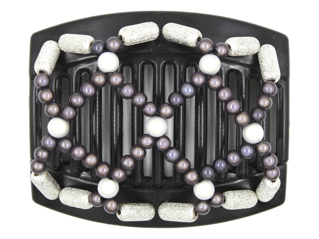 African Butterfly Hair Comb - Ndalena Black 144 - charcoal gray magic beads, white magic beads, silver shimmer edge beads, white background