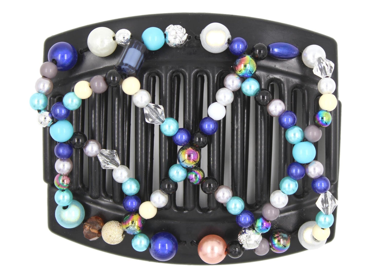 African Butterfly Hair Comb - Ndalena Black 145 - powder blue, dark blue, royal blue, sapphire, peach, white, gold, gray, and silver beads, white background