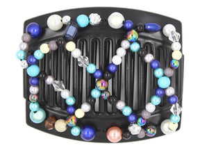 African Butterfly Hair Comb - Ndalena Black 145 - powder blue, dark blue, royal blue, sapphire, peach, white, gold, gray, and silver beads, white background