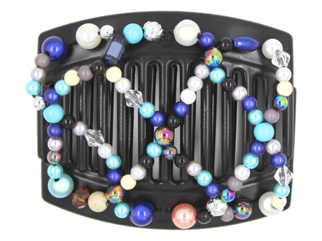 African Butterfly Hair Comb - Ndalena Black 145 - powder blue, dark blue, royal blue, sapphire, peach, white, gold, gray, and silver beads, white background