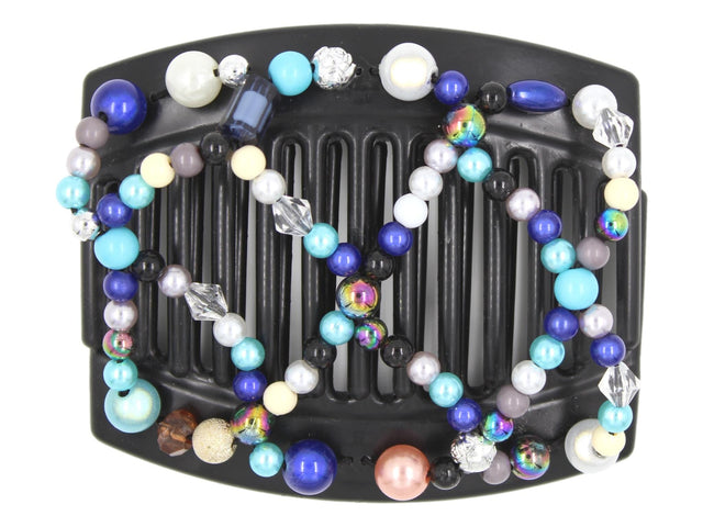 African Butterfly Hair Comb - Ndalena Black 145 - powder blue, dark blue, royal blue, sapphire, peach, white, gold, gray, and silver beads, white background