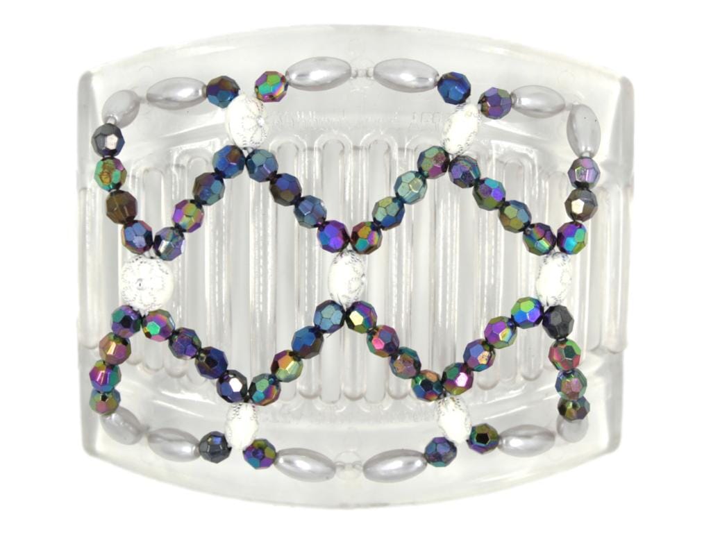 African Butterfly Ndalena Clear Hair Comb 122 - white silver flower, iridescent rainbow, white pearl beads, white background