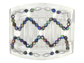 African Butterfly Ndalena Clear Hair Comb 122 - white silver flower, iridescent rainbow, white pearl beads, white background