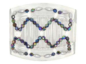 African Butterfly Ndalena Clear Hair Comb 122 - white silver flower, iridescent rainbow, white pearl beads, white background