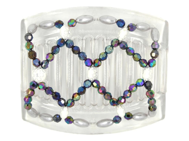 African Butterfly Ndalena Clear Hair Comb 122 - white silver flower, iridescent rainbow, white pearl beads, white background