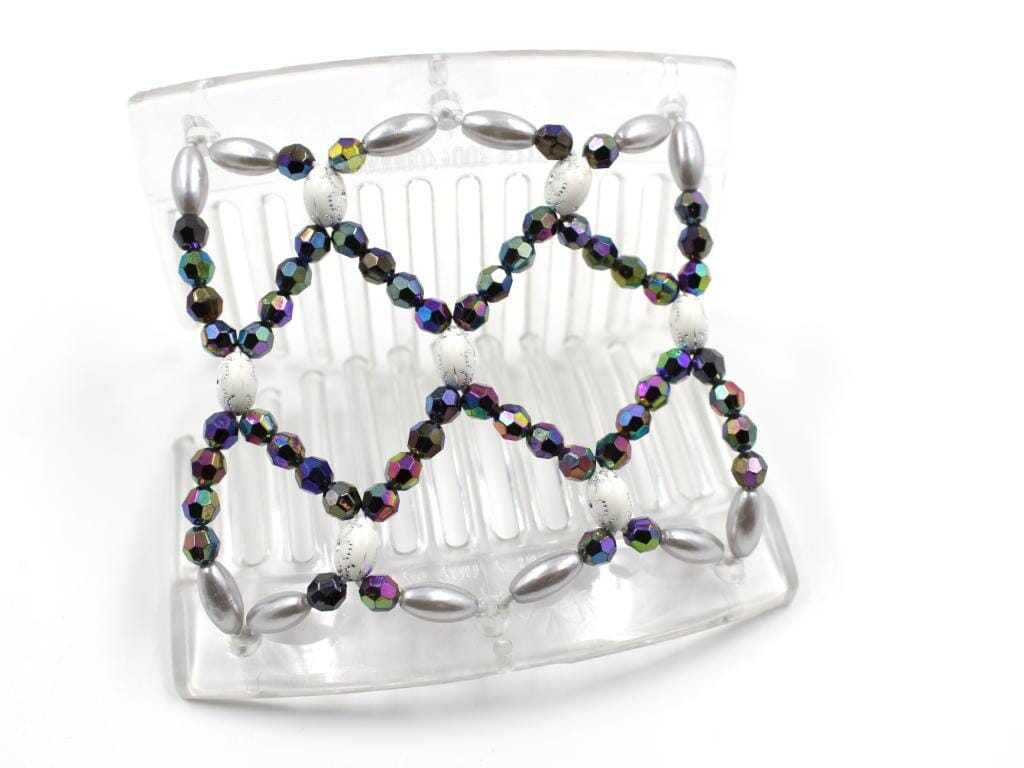 African Butterfly Ndalena Clear Hair Comb 122 - white silver flower, iridescent rainbow, white pearl beads, shown open, white background
