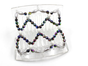 African Butterfly Ndalena Clear Hair Comb 122 - white silver flower, iridescent rainbow, white pearl beads, shown open, white background