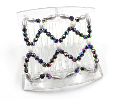 African Butterfly Ndalena Clear Hair Comb 122 - white silver flower, iridescent rainbow, white pearl beads, shown open, white background