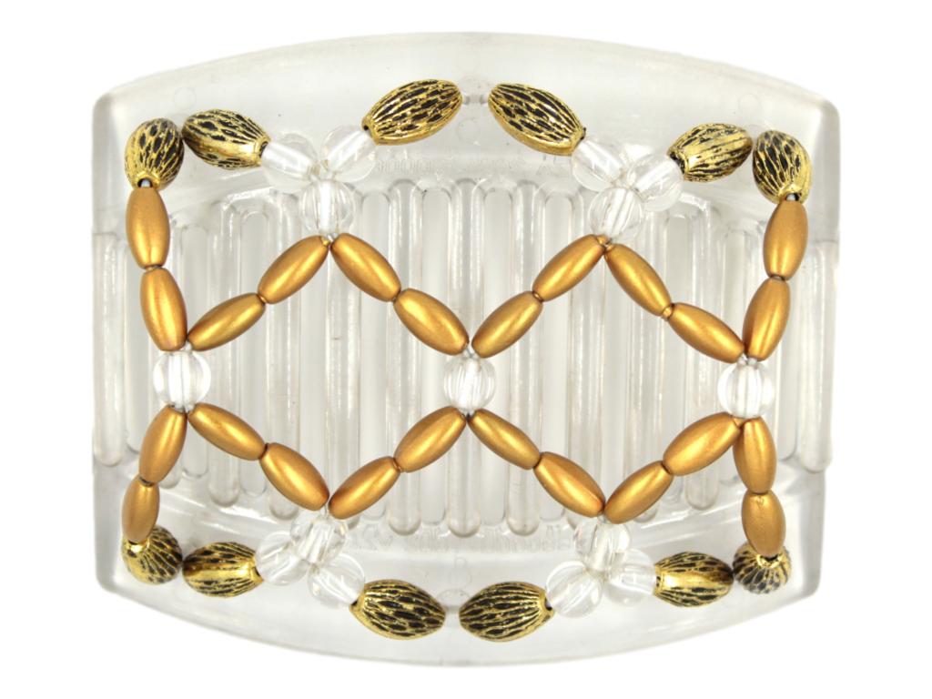  African Butterfly Ndalena Clear Hair Comb 123 - clear accent, gold pearl, gold with black edge beads, white background
