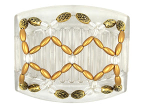  African Butterfly Ndalena Clear Hair Comb 123 - clear accent, gold pearl, gold with black edge beads, white background