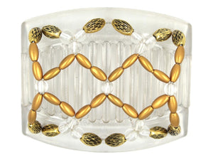  African Butterfly Ndalena Clear Hair Comb 123 - clear accent, gold pearl, gold with black edge beads, white background