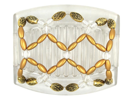  African Butterfly Ndalena Clear Hair Comb 123 - clear accent, gold pearl, gold with black edge beads, white background