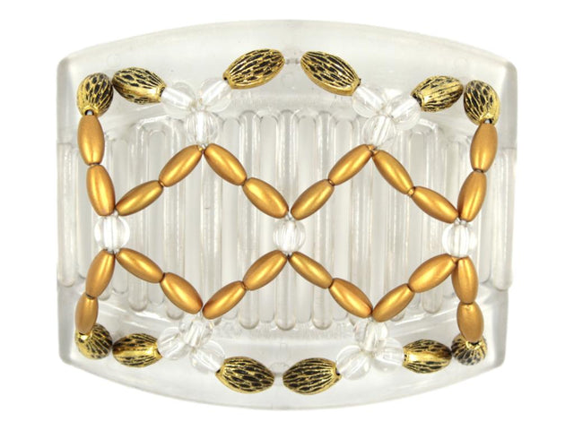  African Butterfly Ndalena Clear Hair Comb 123 - clear accent, gold pearl, gold with black edge beads, white background