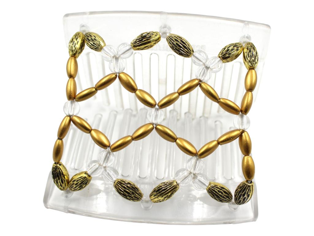 African Butterfly Ndalena Clear Hair Comb 123 - clear accent, gold pearl, gold with black edge beads, shown open, white background