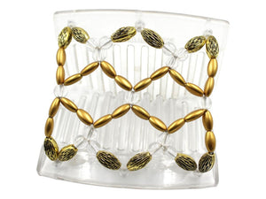 African Butterfly Ndalena Clear Hair Comb 123 - clear accent, gold pearl, gold with black edge beads, shown open, white background