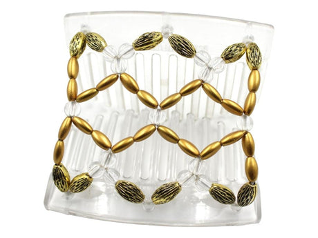African Butterfly Ndalena Clear Hair Comb 123 - clear accent, gold pearl, gold with black edge beads, shown open, white background