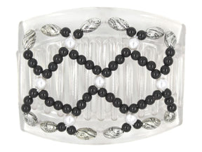 African Butterfly Ndalena Clear Hair Comb 124 - black, white pearl, silver black edge beads, white background