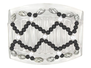 African Butterfly Ndalena Clear Hair Comb 124 - black, white pearl, silver black edge beads, white background