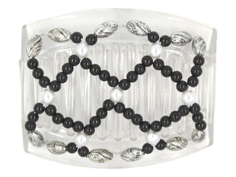 African Butterfly Ndalena Clear Hair Comb 124 - black, white pearl, silver black edge beads, white background