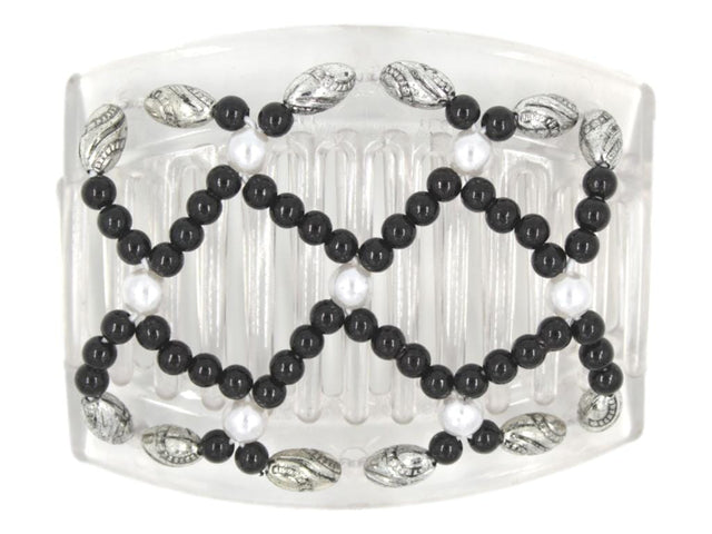 African Butterfly Ndalena Clear Hair Comb 124 - black, white pearl, silver black edge beads, white background