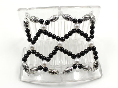 African Butterfly Ndalena Clear Hair Comb 124 - black, white pearl, silver black edge beads, shown open, white background