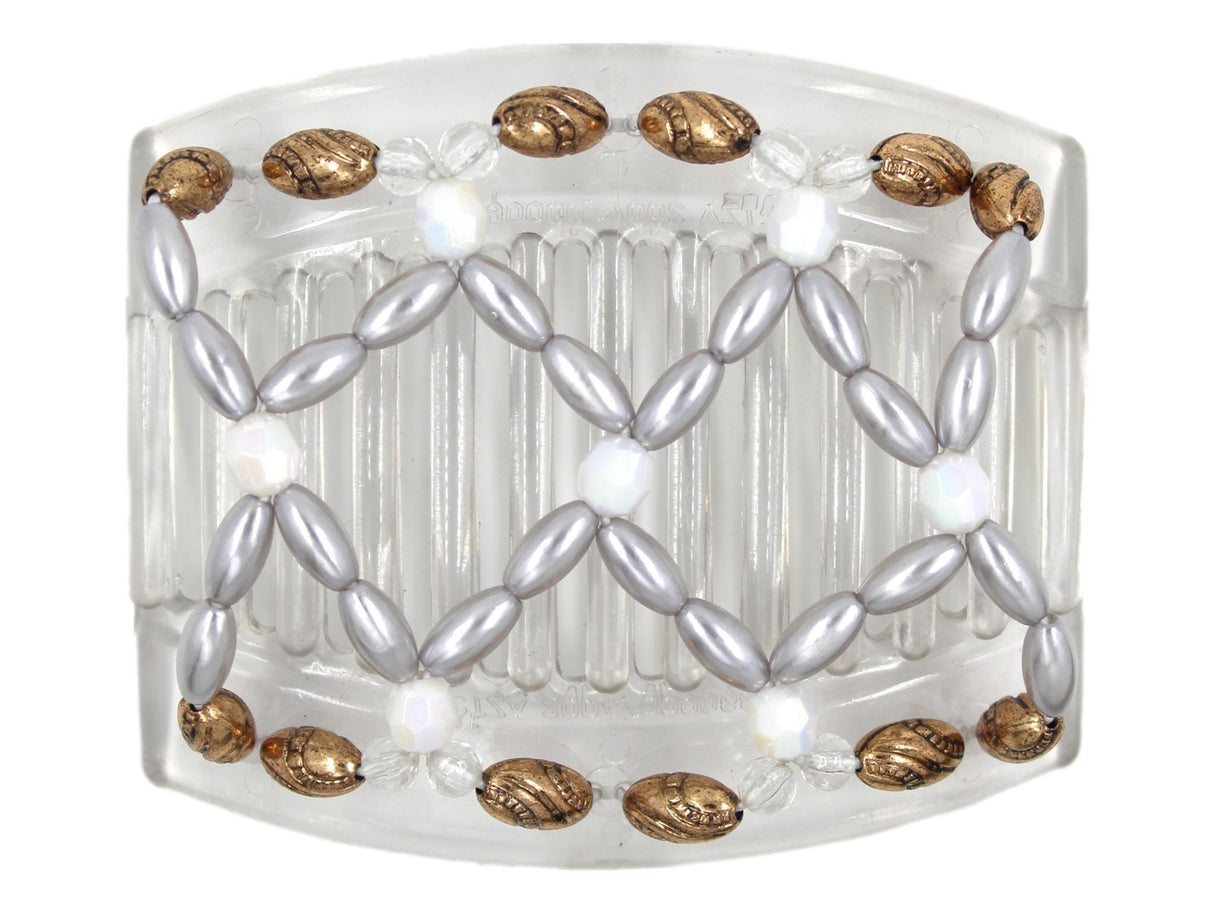 African Butterfly Hair Comb - Ndalena Clear 129 - iridescent white accent beads, silver pearly beads, clear acrylic beads, and copper edge beads, white background