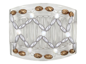 African Butterfly Hair Comb - Ndalena Clear 129 - iridescent white accent beads, silver pearly beads, clear acrylic beads, and copper edge beads, white background