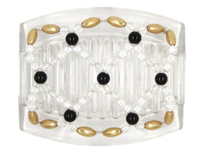 African Butterfly Hair Comb - Ndalena Clear 130 - black accent beads, clear beads, white pearl beads, and gold pearly edge beads, white background