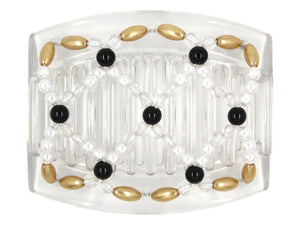 African Butterfly Hair Comb - Ndalena Clear 130 - black accent beads, clear beads, white pearl beads, and gold pearly edge beads, white background