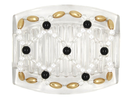 African Butterfly Hair Comb - Ndalena Clear 130 - black accent beads, clear beads, white pearl beads, and gold pearly edge beads, white background
