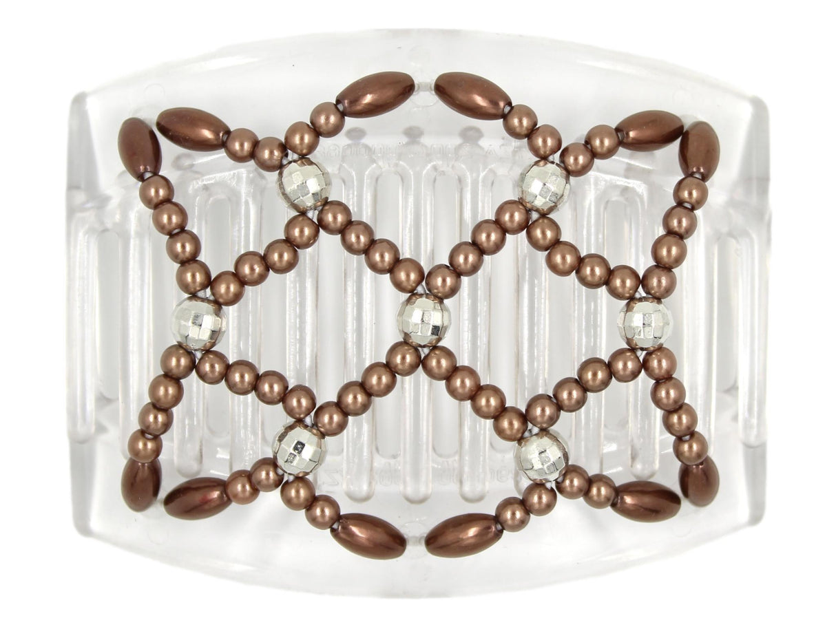 African Butterfly Hair Comb - Ndalena Clear 131 - mocha pearl beads, silver disco beads, white background
