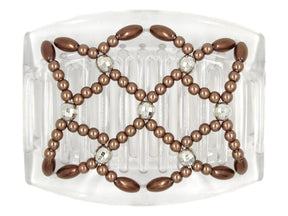 African Butterfly Hair Comb - Ndalena Clear 131 - mocha pearl beads, silver disco beads, white background