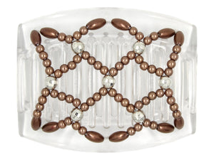African Butterfly Hair Comb - Ndalena Clear 131 - mocha pearl beads, silver disco beads, white background